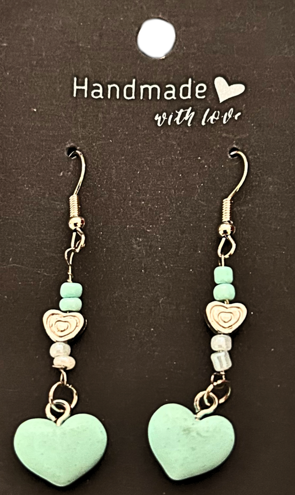 Silver-plated turquoise beaded earrings with turquoise heart charms