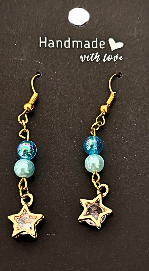 Gold-plated light blue beaded earrings with cubic zirconia star charms