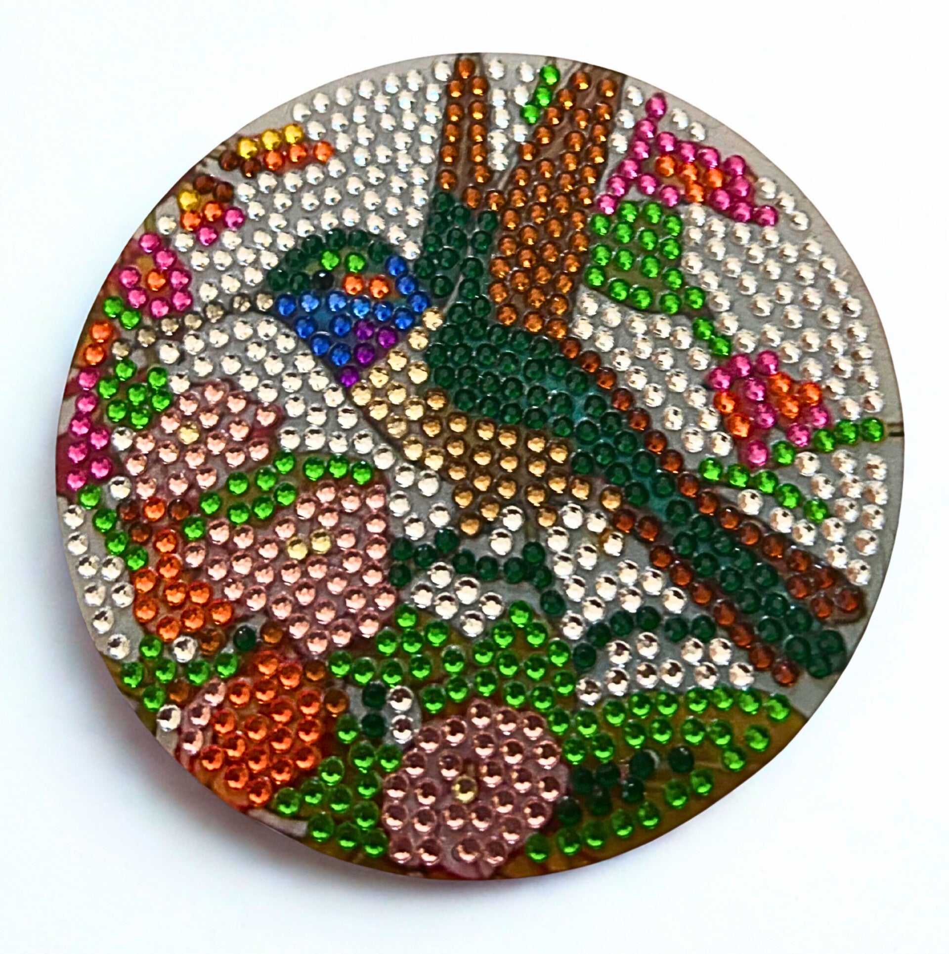 Diamond- painted set of 4 coasters with different types of humming birds