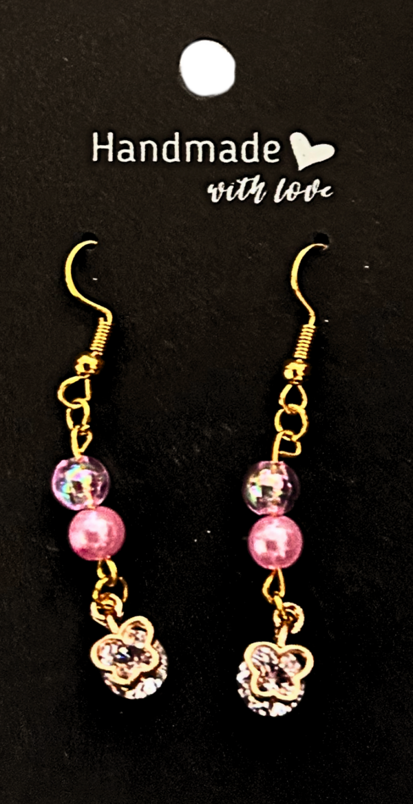 Gold-plated pink beaded earrings with cubic zirconia butterfly charms