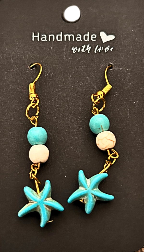 Gold-plated blue and white beaded earrings with a blue starfish charms