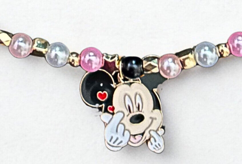 Hypoallergenic Gold-plated multi- Coloured beaded necklace with a  Mickey Mouse charmn