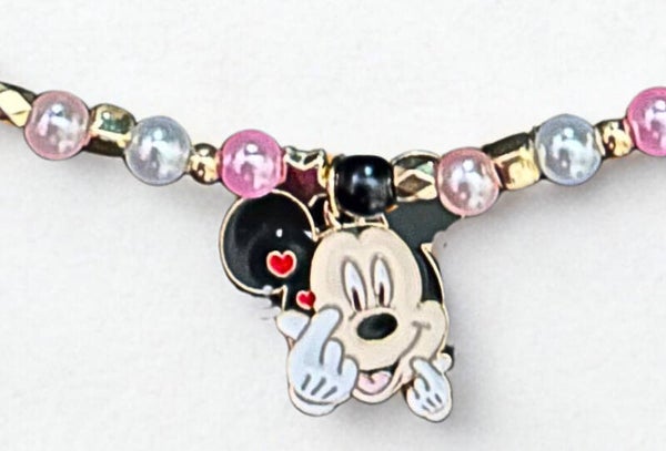Hypoallergenic Gold-plated multi- Coloured beaded necklace with a  Mickey Mouse charmn