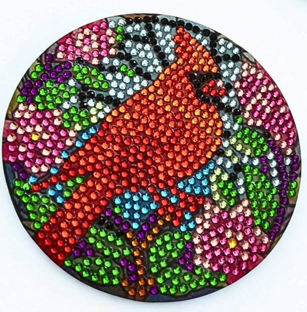 Diamond-painted cardinal bird coaster