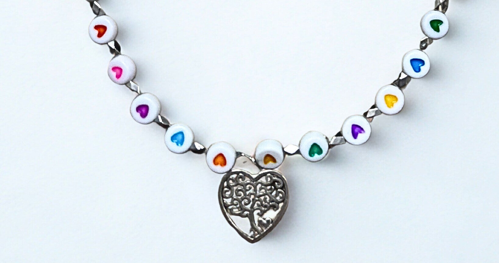 Hypoallergenic Silver-plated  white heart beaded necklace with tree of life heart charm