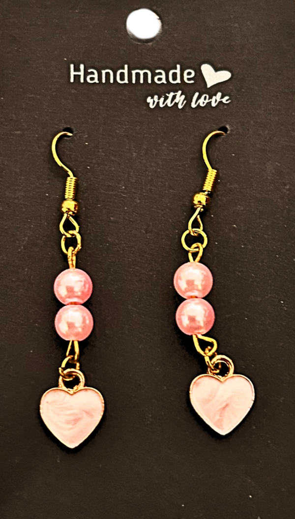 Gold-plated pink beaded earrings with a light pink heart charm