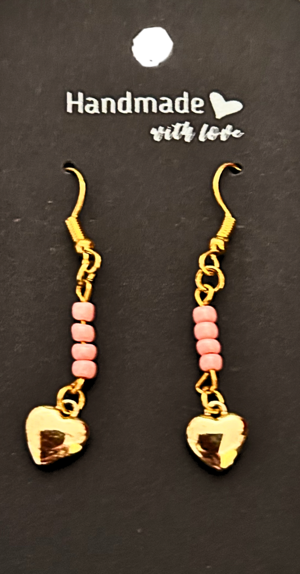 Gold-plated pink beaded dangling earrings with a 18K gold heart charms