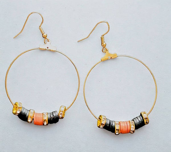 Gold-plated Orange and black beaded hoops size large