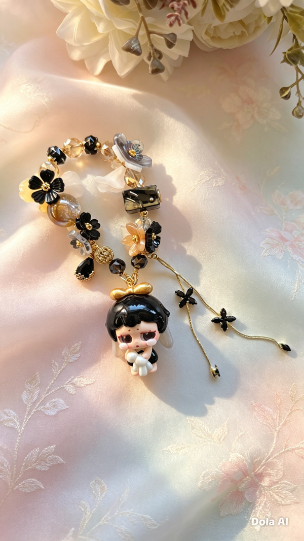 Wuuw Midnight Blossom Handmade Beaded Phone Charm | Kawaii Doll Charm | Floral Phone Strap | Bag Charm | Keychain