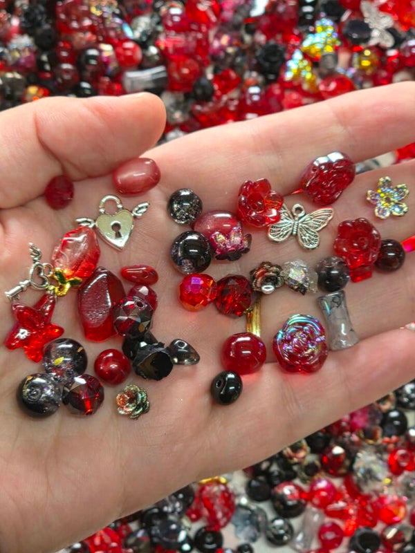 Red Black Gothic Bead Mix: Glass, Acrylic, Charms for Jewelry Making