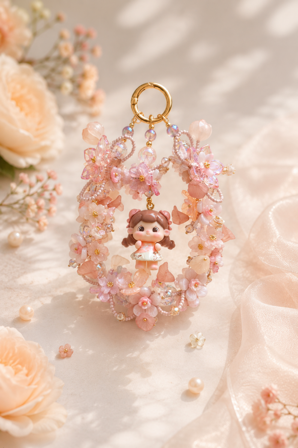 Tantang Blush Blossom Kawaii Keychain – Handmade Floral Beaded Bag Charm