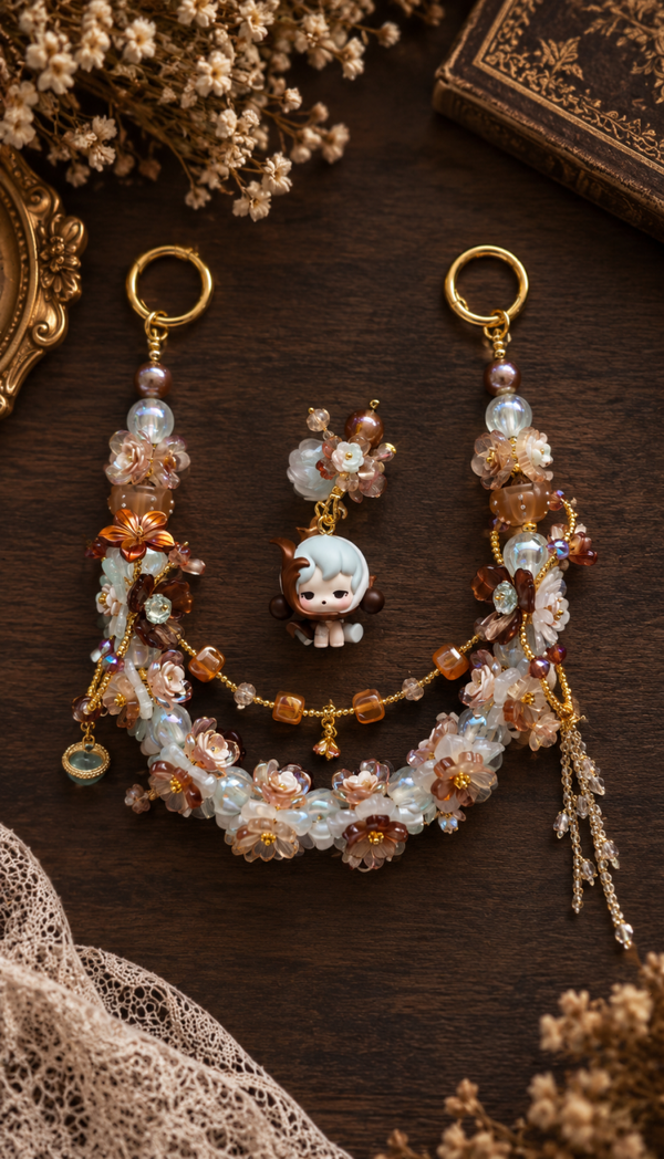 SKULLPANDA Mocha & Ivory Floral Handmade Statement Bag Charm