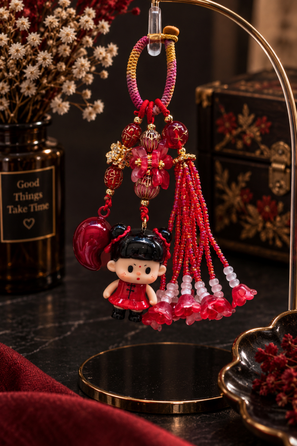 Lucky Buer Doll Bag Charm – Floral Beaded Tassel Keychain