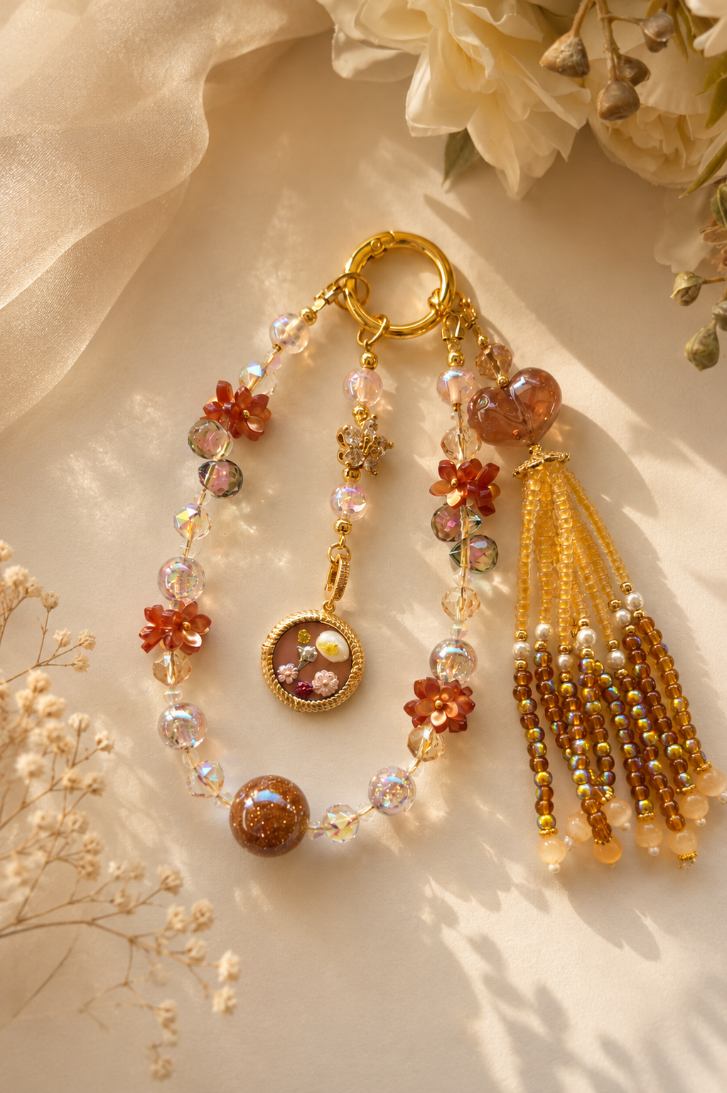 Golden Amber Whisper Beaded Phone Charm
