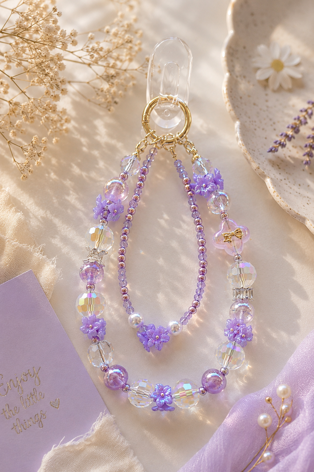 Lavender Crystal Beaded Phone Charm | Handmade Wrist Strap | Floral Phone Lanyard | Bag Charm | Keychain