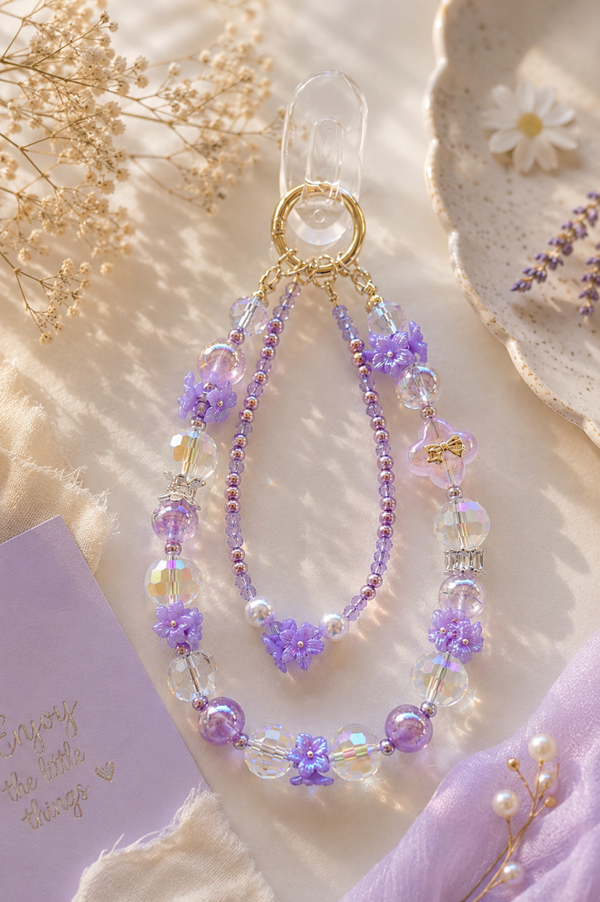 Lavender Crystal Beaded Phone Charm | Handmade Wrist Strap | Floral Phone Lanyard | Bag Charm | Keychain