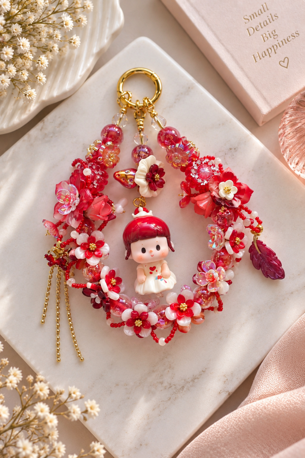 Buer Red Blossom Doll Bag Charm – Handmade Floral Beaded Keychain