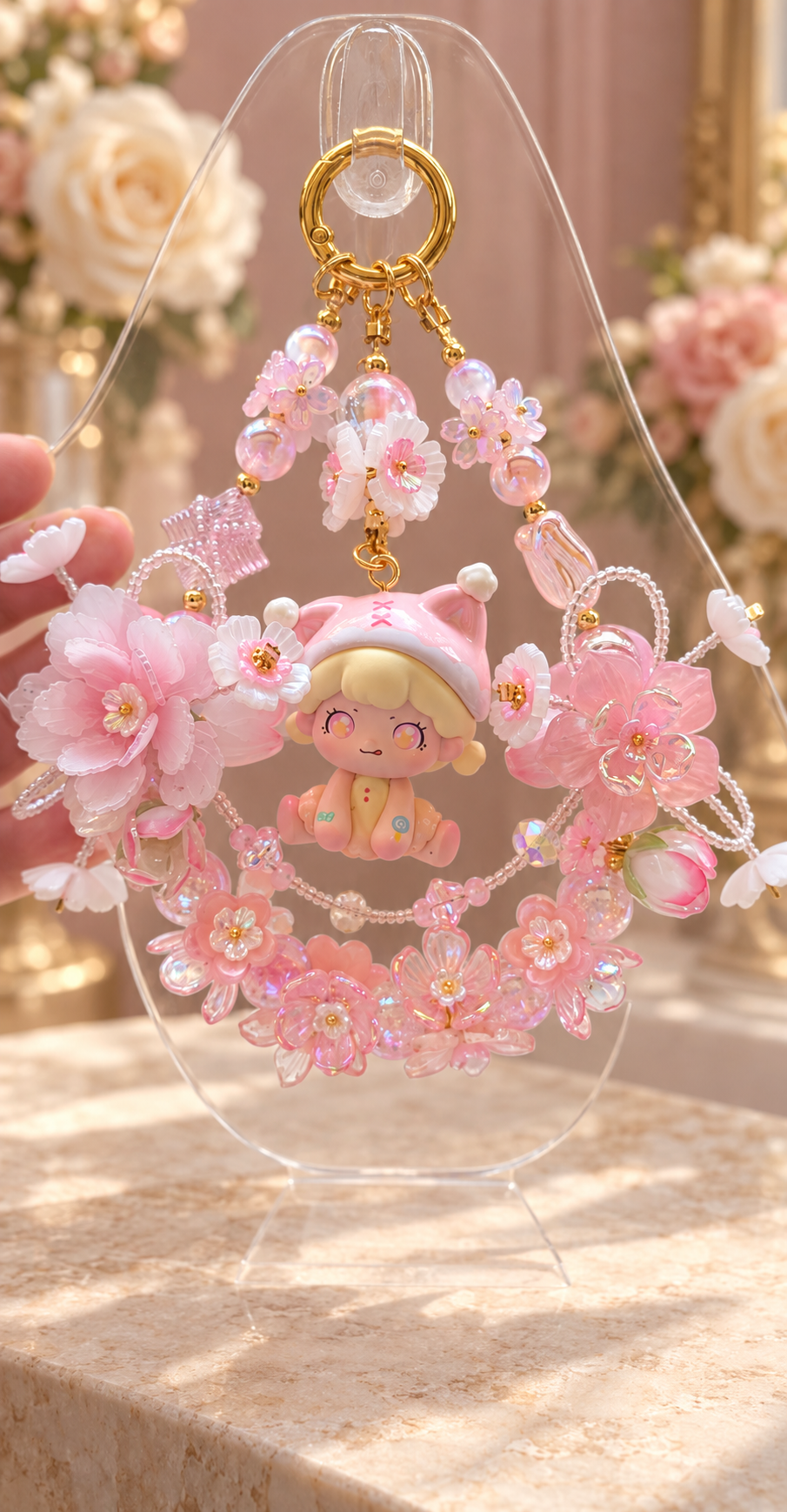 Blush Bloom Doll Bag Chain – Pink Floral & Shimmering Beads