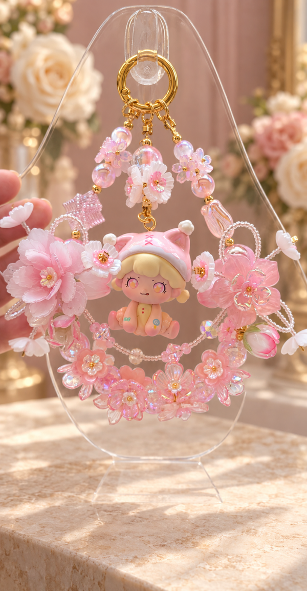 Blush Bloom Doll Bag Chain – Pink Floral & Shimmering Beads