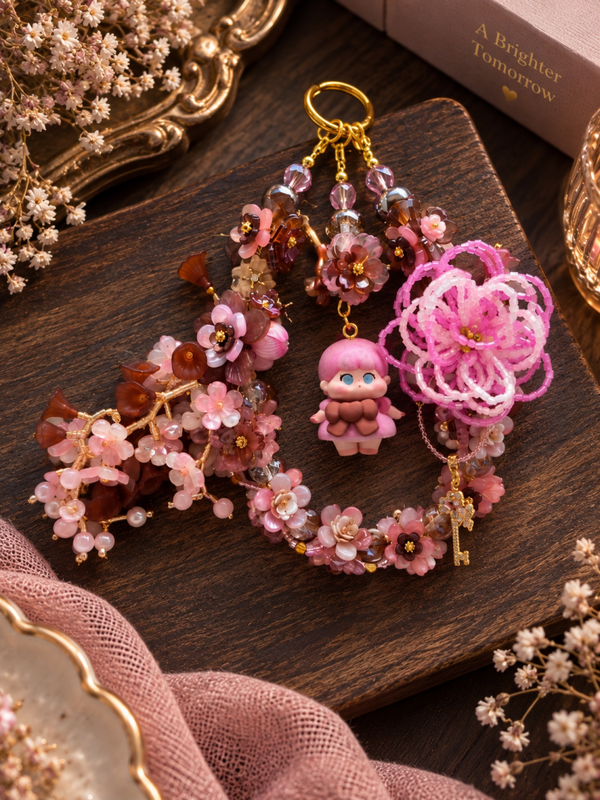 QOQO Doll Pink & Mocha Floral Handmade Bag Charm