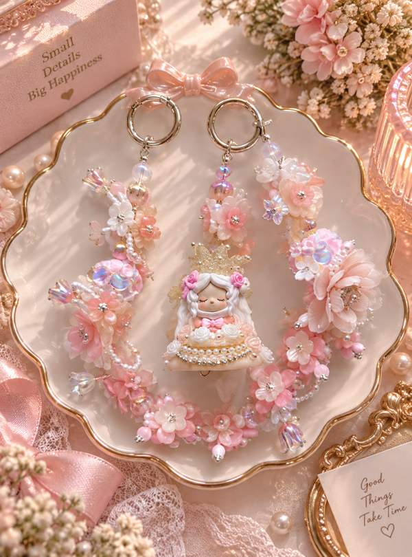 Floral handpainted skullpanda bagcharm