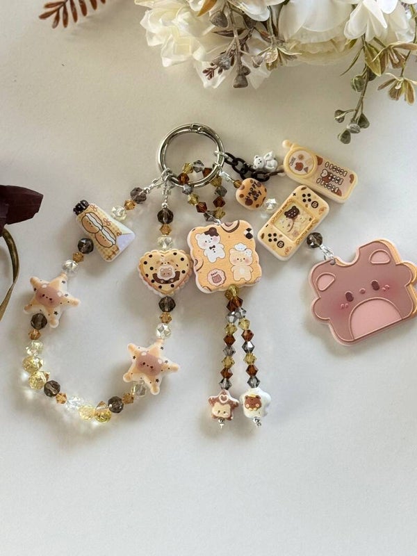 Handmade Brown Crystal Star & Bear Bag Pendant/ Kawaii Gift
