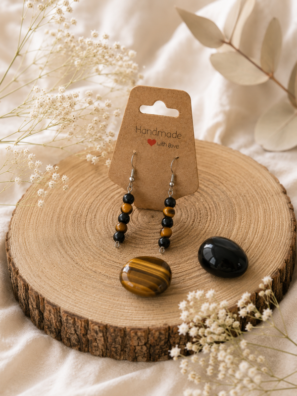 Oorbellen Kraaltjes Hangers Tijgeroog & Obsidiaan