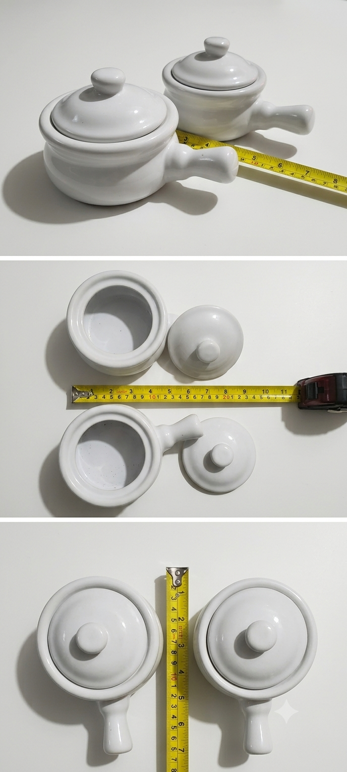 glazed white ceramic single-serve soup crocks