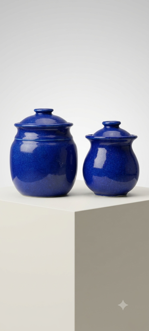 Cobalt Blue Glazed Stoneware Jars with Lids – Set of 2 Pottery Canisters / Spice Pots
