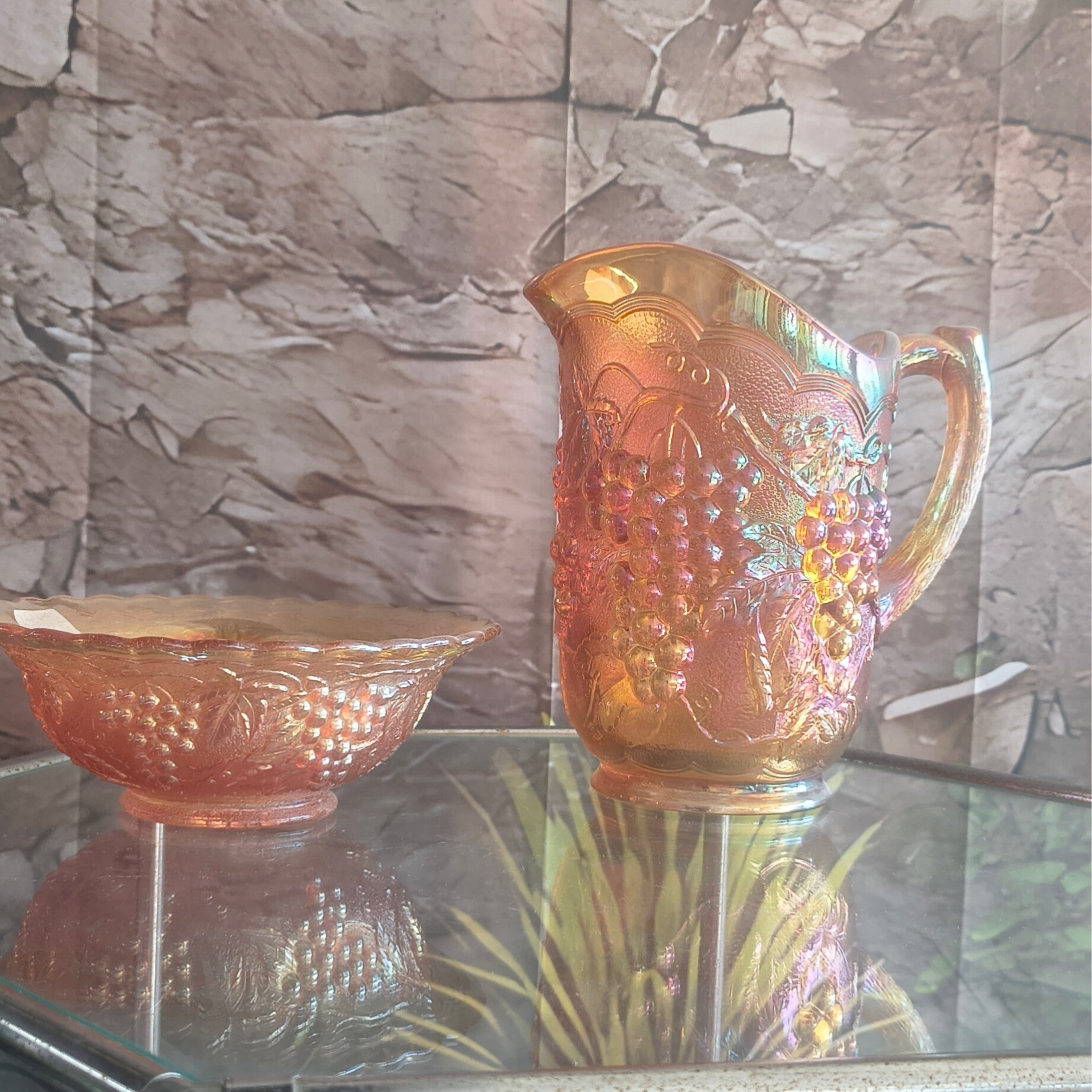 Vintage Marigold Carnival Glass Pitcher & Bowl Set – Heavy Grape Embossed Iridescent Glass