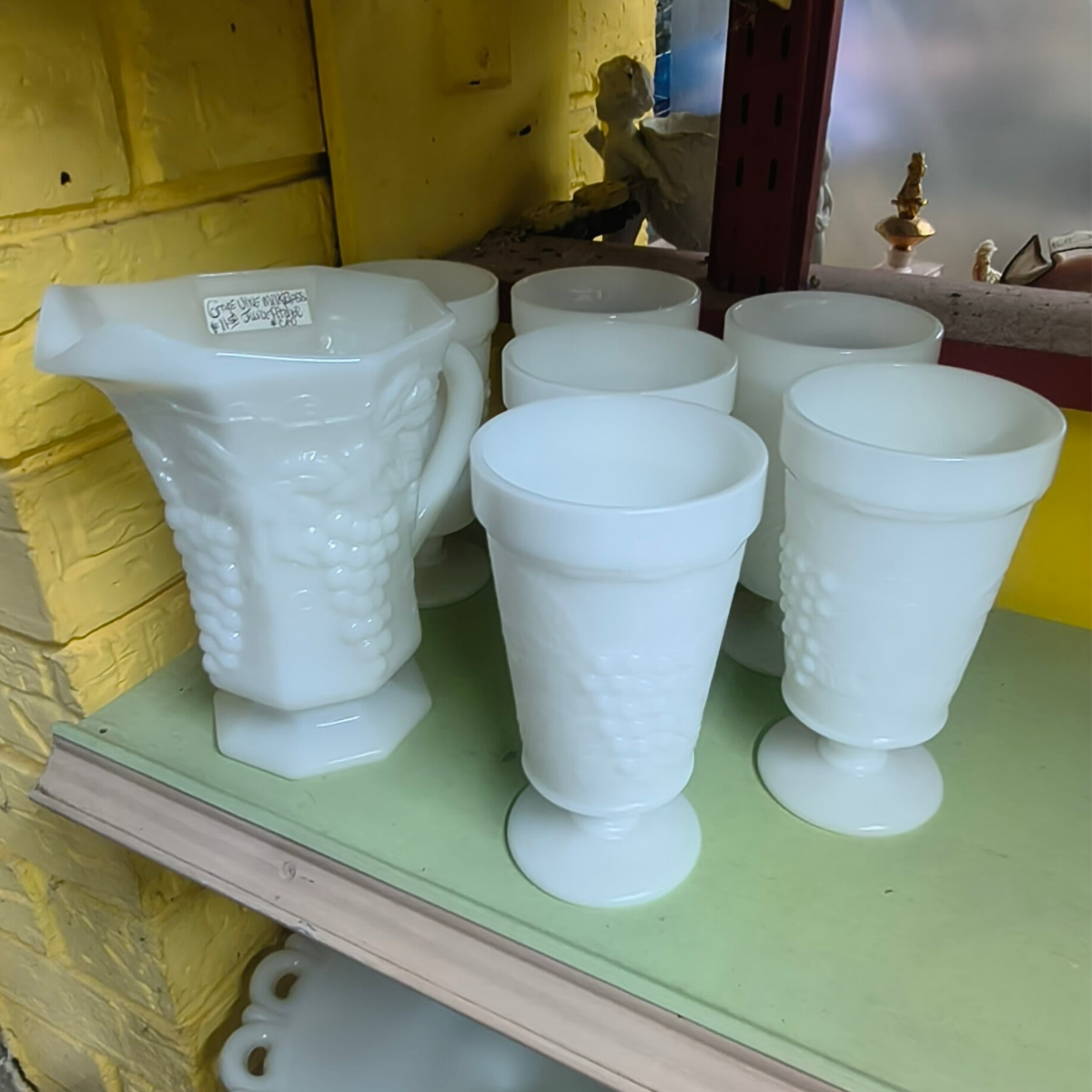 Vintage White Milk Glass Paneled Grape Pitcher & Footed Tumblers – 7-Piece Beverage Set