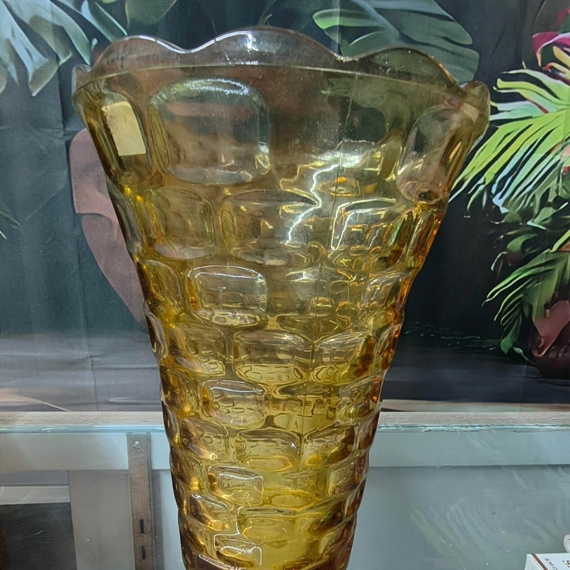 Large Vintage Amber "Block Optic / Thumbprint" Flared Vase