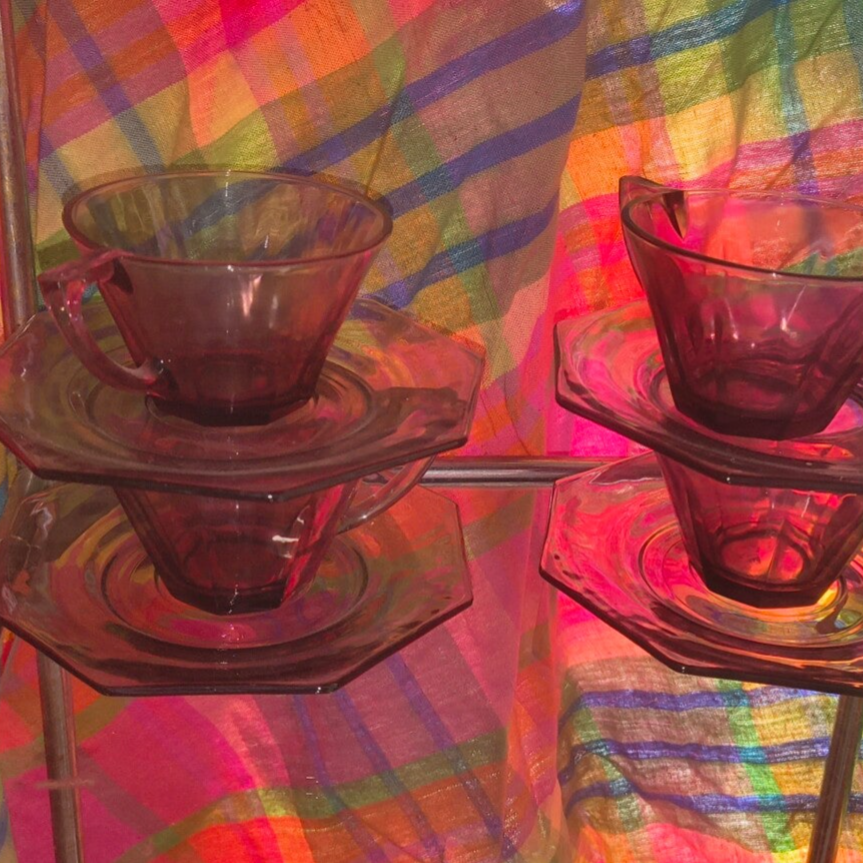 Vintage Amethyst Purple Glass Cup & Saucer Set of 4 – Octagonal Depression Style Tea Set
