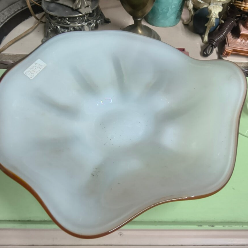 Mid-Century White Cased Art Glass Freeform Bowl with Amber Crest Rim