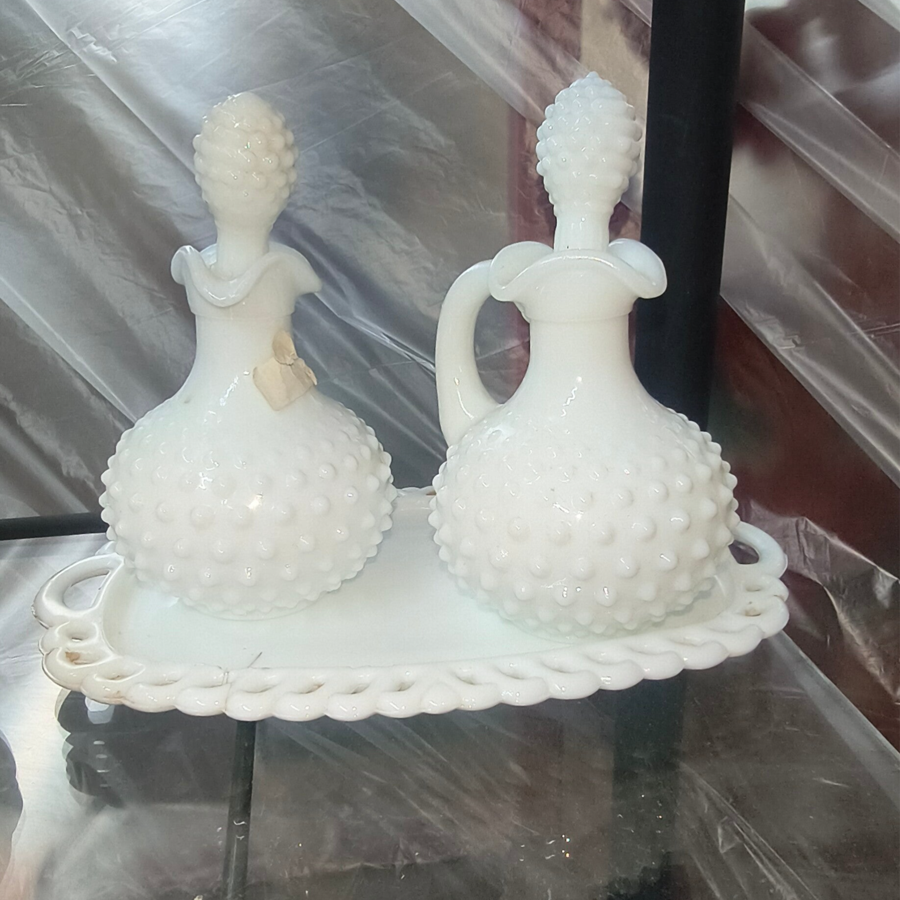 Rare Vintage Fenton UV Reactive White Milk Glass Hobnail Cruet & Perfume Set with Tray – 3 Pieces