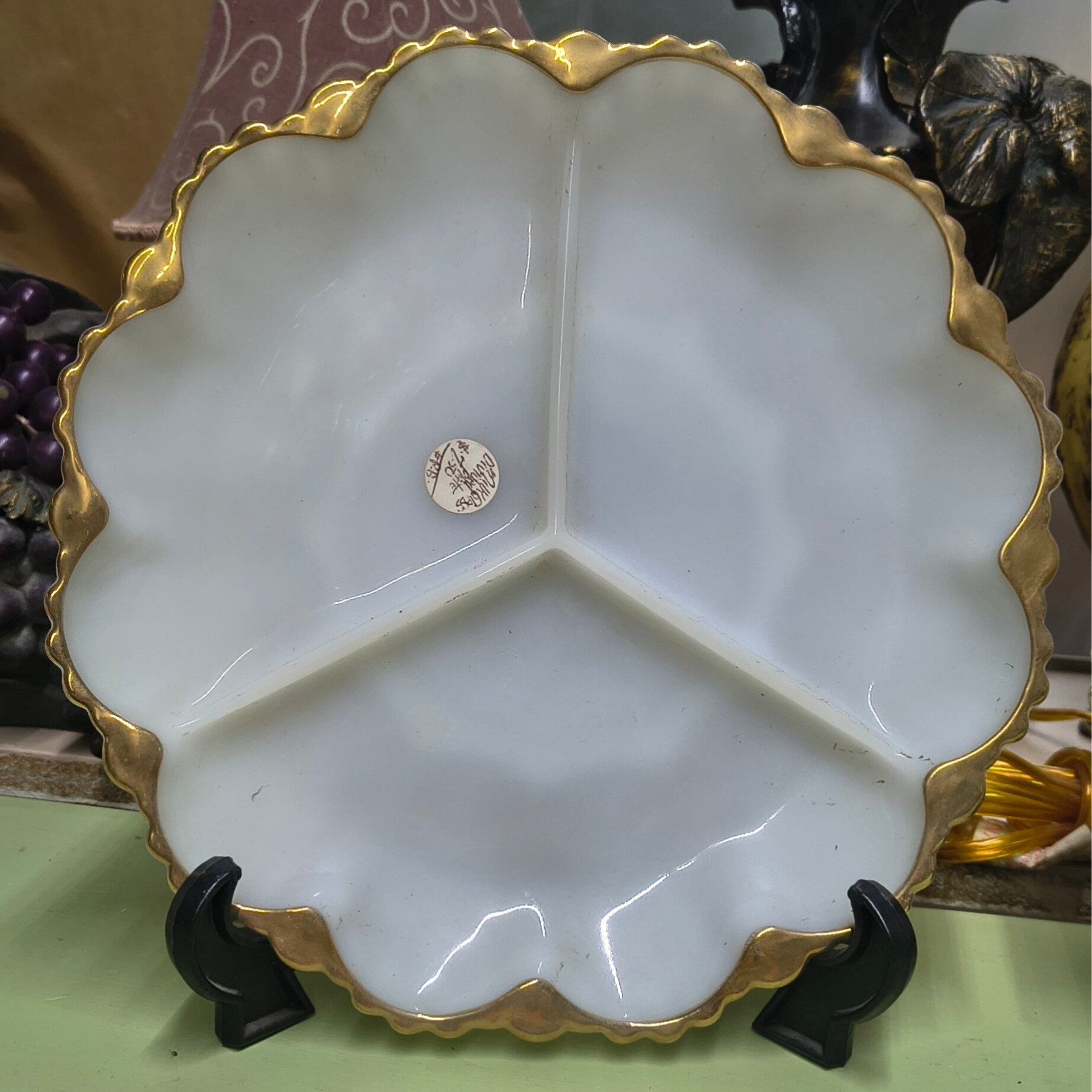 Vintage White Milk Glass 3-Part Divided Relish Dish with Gold-Gilt Rim