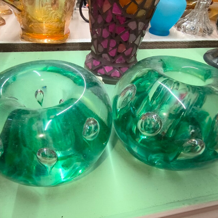 Pair of Emerald Green Controlled Bubble Glass Votives / Candle Holders