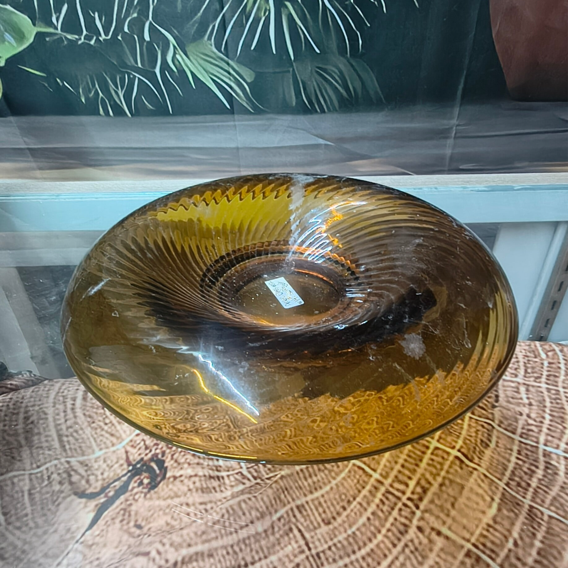 Large Vintage Amber Swirl Optic Low Centerpiece / Floating Candle Bowl