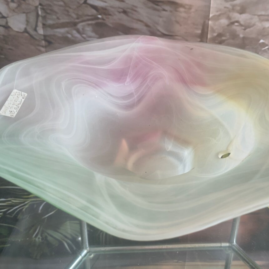 Vintage 11.5" Pastel Swirl Satin Art Glass Centerpiece Bowl – Wavy Rim Slag Glass Pedestal Dish