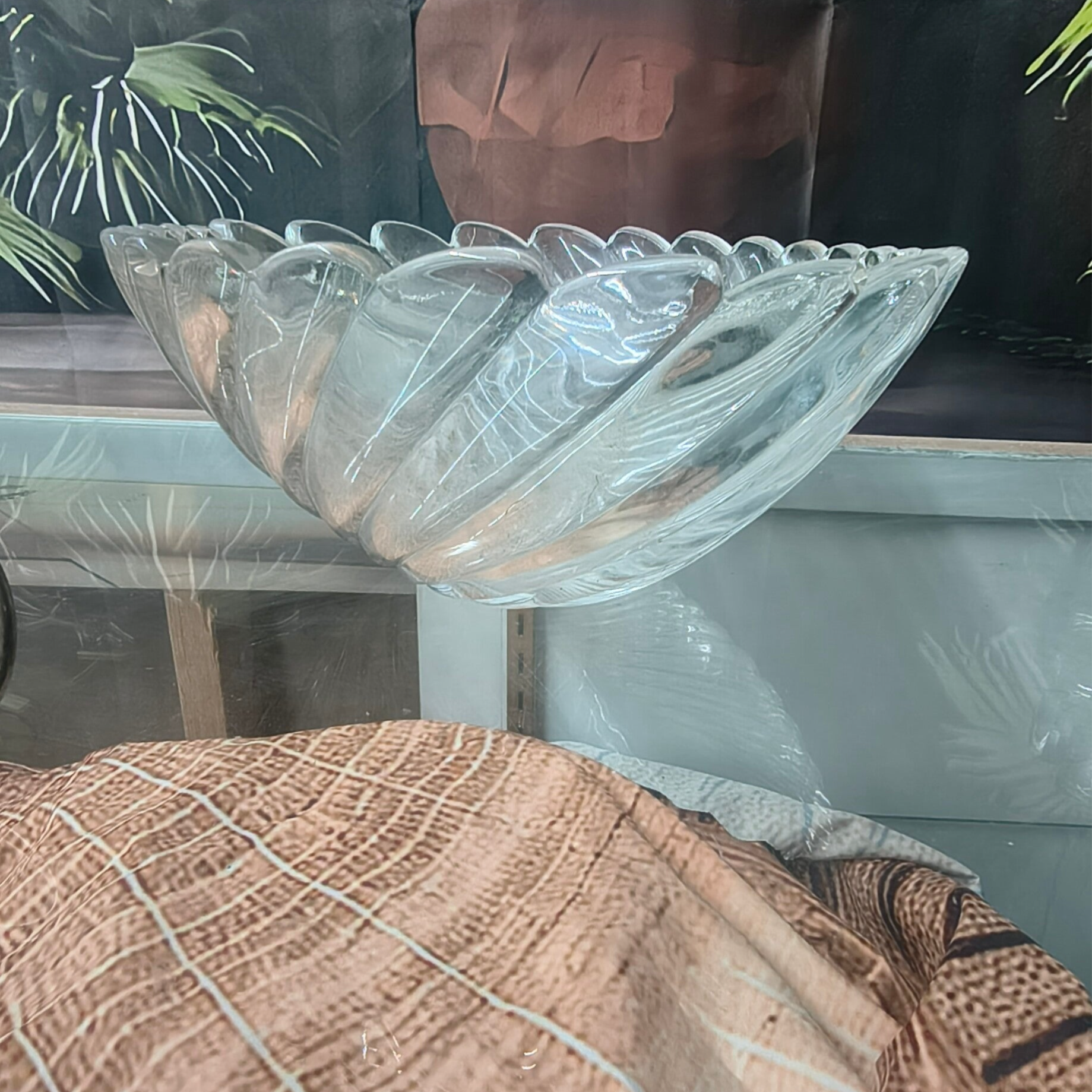Vintage Clear Art Glass Scalloped Spiral Swirl Boat Bowl