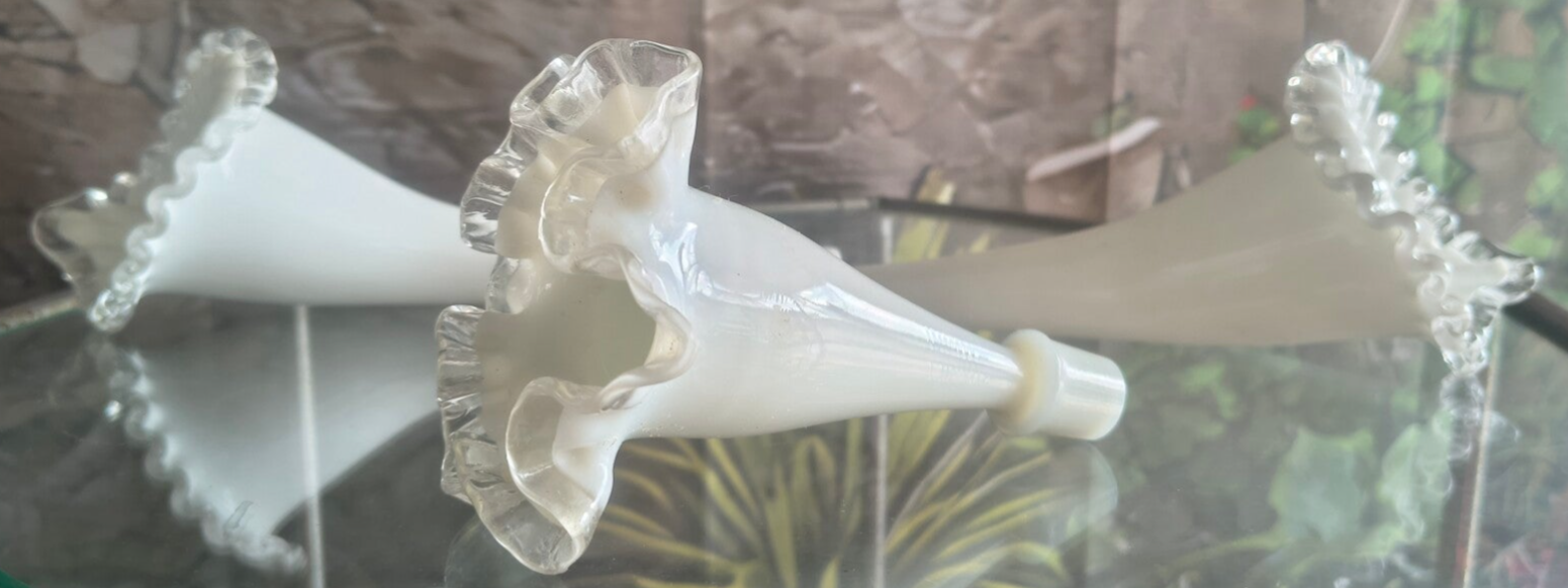 Vintage Fenton Silver Crest Milk Glass Epergne Horns Set of 3 – UV Activated Replacement Trumpet Lily Vases