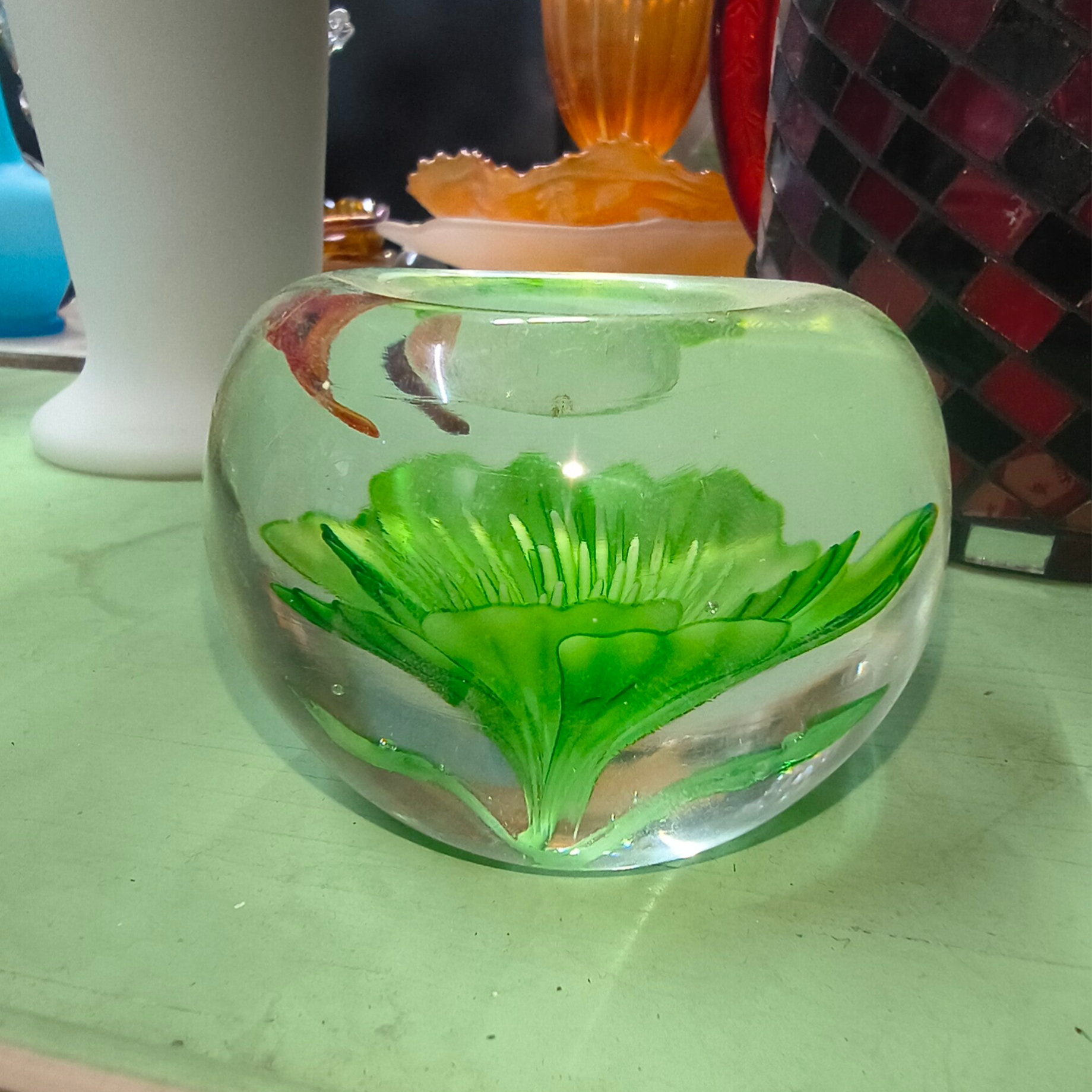 Controlled Bubble Green Floral Controlled Bubble Art Glass Paperweight / Votive