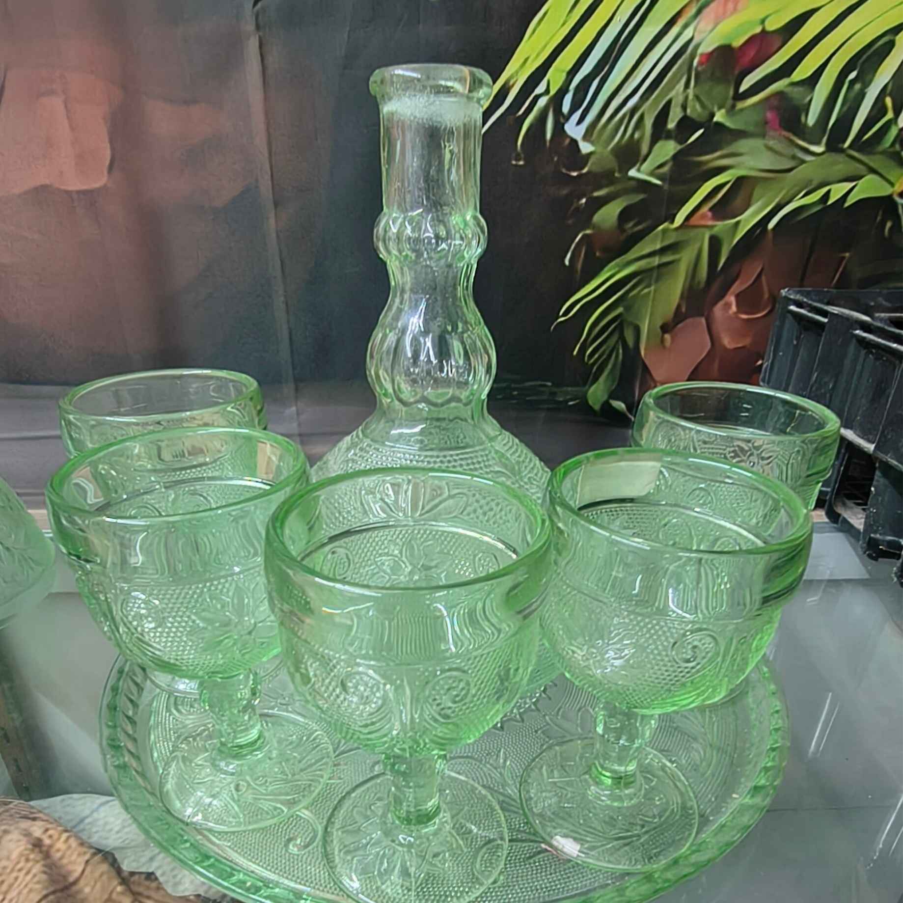 Vintage UV Reactive Light Green Sandwich Glass Decanter Set with Tray & 5 Goblets – 7 Pieces
