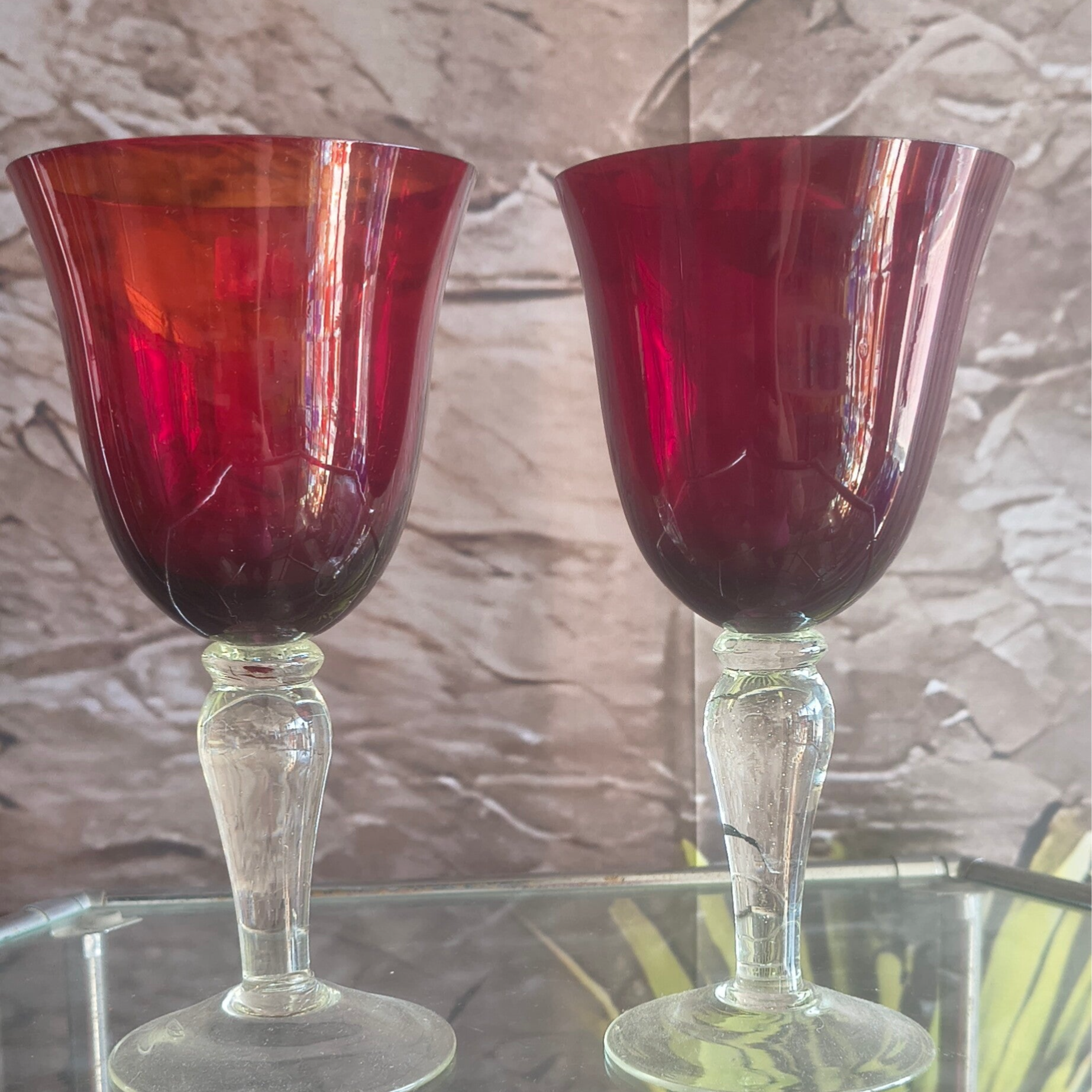 Vintage Ruby Red Wine Goblets Pair – 7.25" Cranberry Tulip Glasses with Clear Baluster Stems