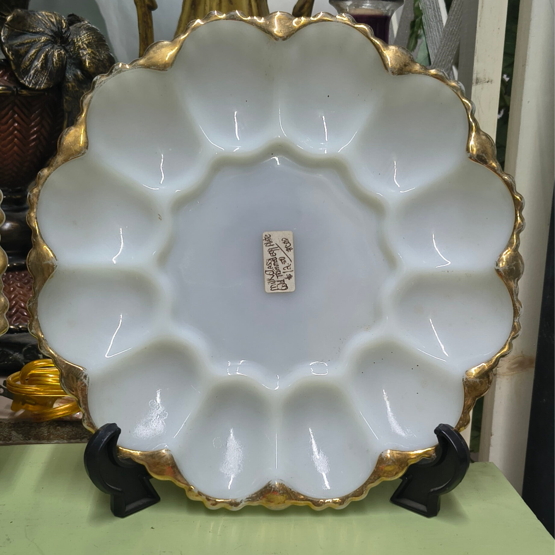 Vintage White Milk Glass 12-Cup Deviled Egg Platter with Gold-Gilt Trim