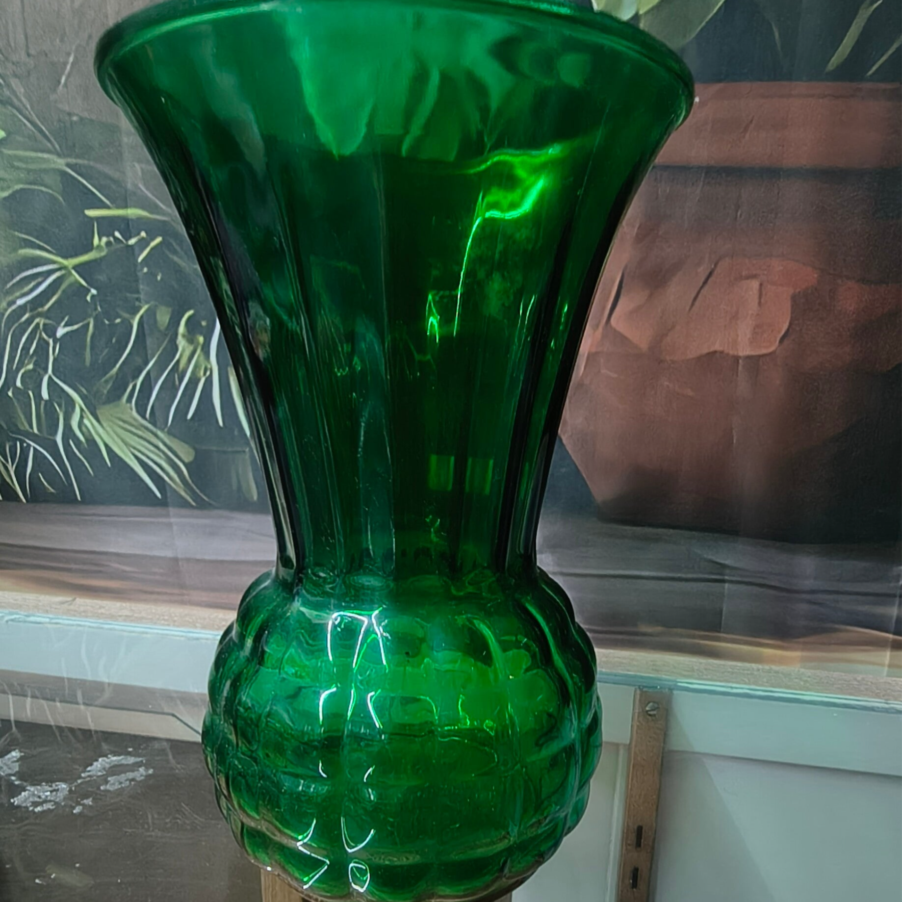 Large Vintage Emerald Green Thumbprint / Waffle Optic Flared Urn Vase