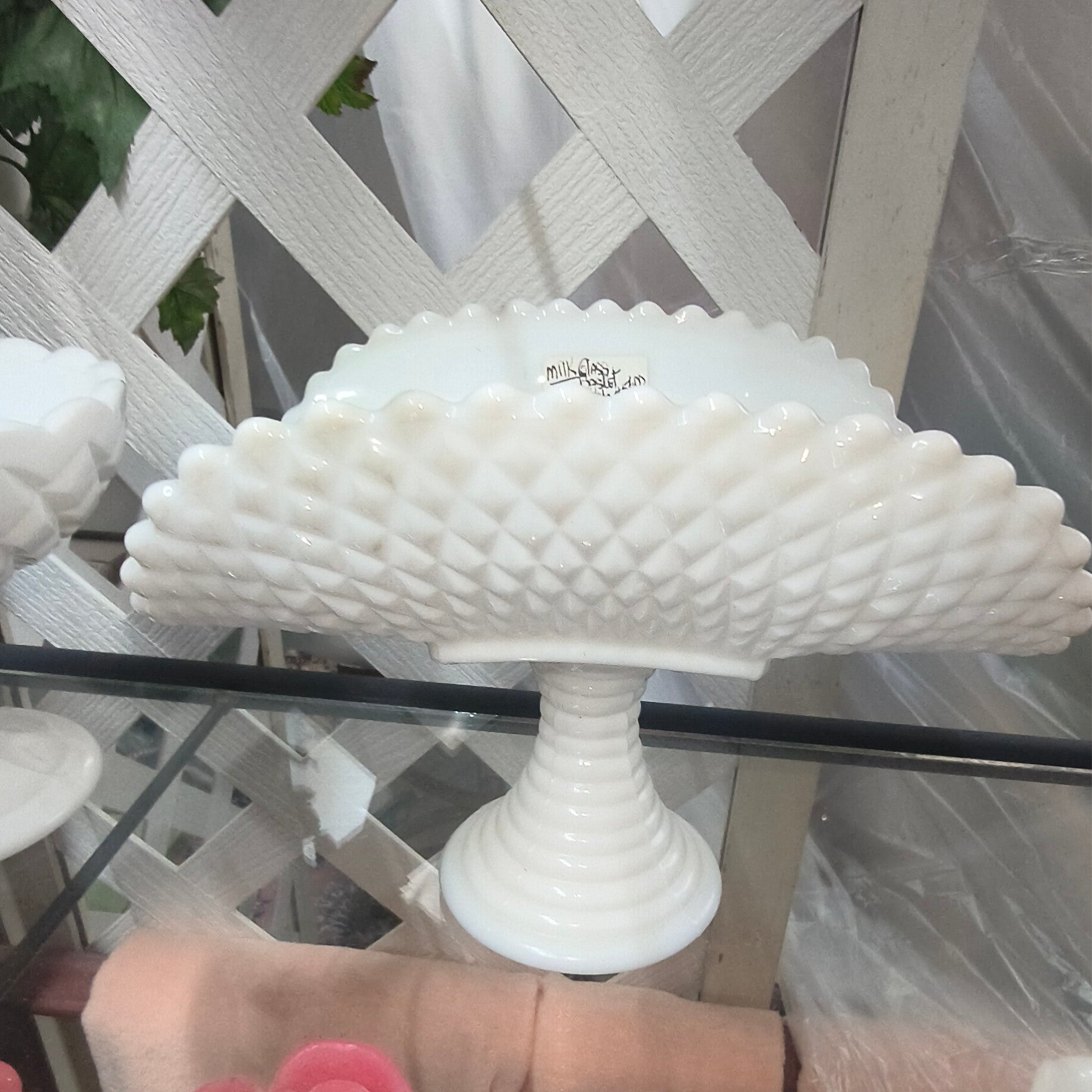 Rare UV-Reactive Vintage Fenton White Milk Glass Diamond Point Flared Banana Stand