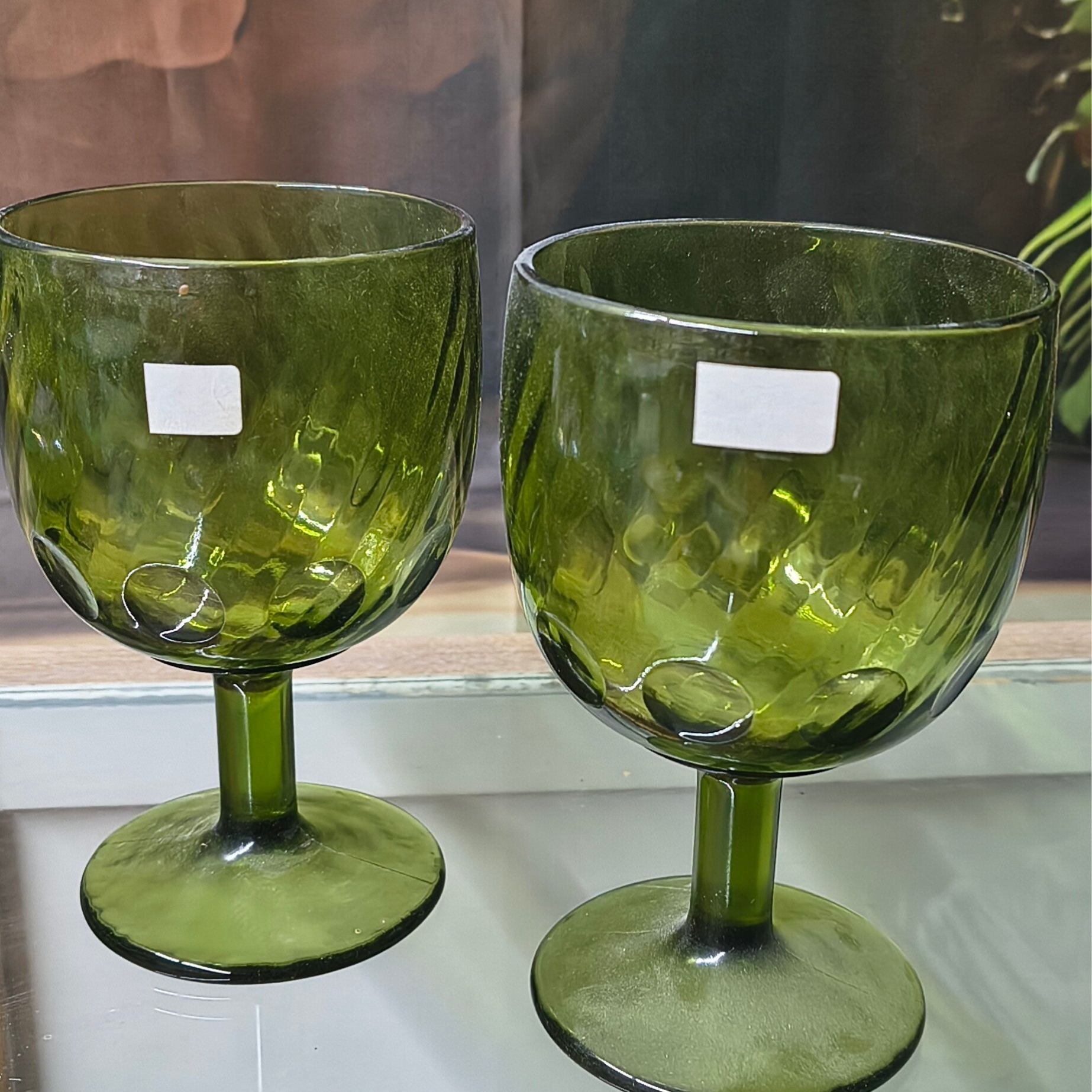 Pair of Vintage Avocado Green Optic Goblets
