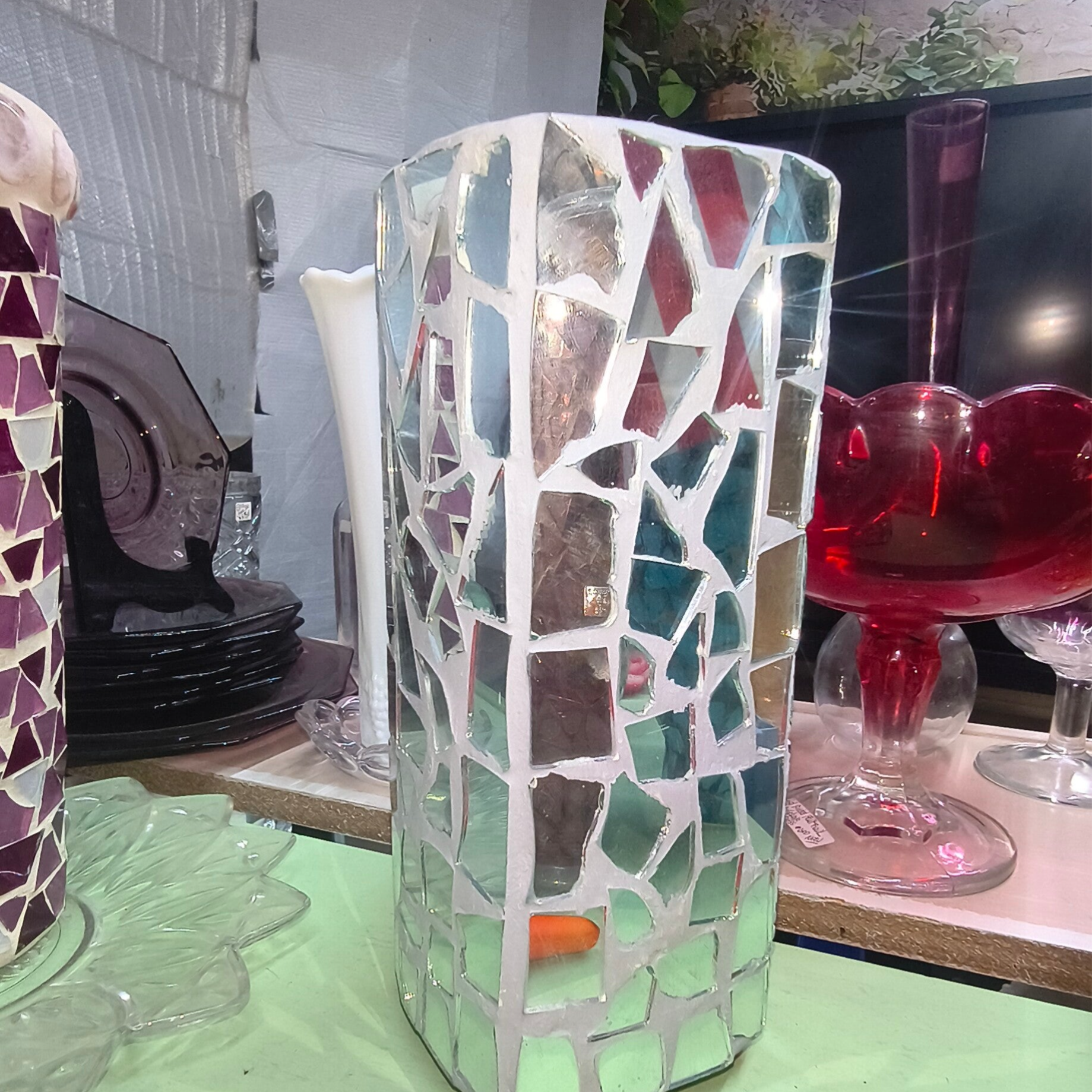 Mirrored Glass Mosaic Cylinder Hurricane / Vase