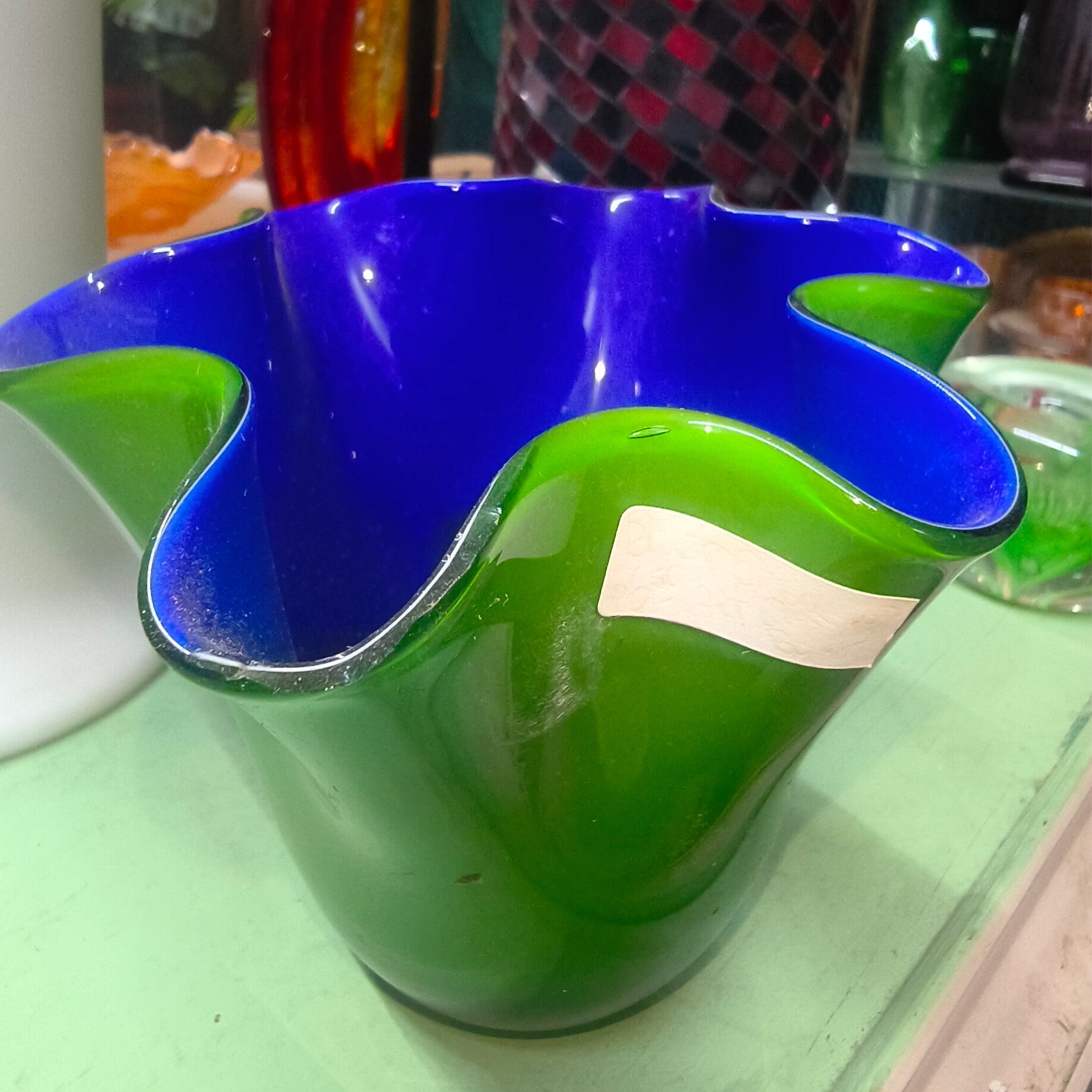 Cased Cobalt Blue & Emerald Green Handkerchief Ruffled Bowl